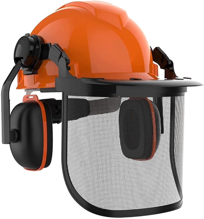 GardenPal Industrial Forestry Safety Helmet and Hearing Protection System, with Mesh Face Protection, Safety Helmet with Ear Muffs, Chainsaw Helmet, Chainsaw Face Shield, (Orange)