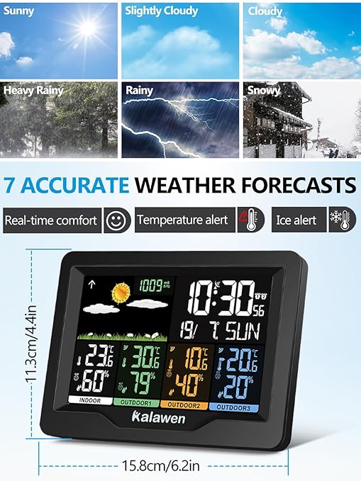 Kalawen Weather Station Wireless Indoor Outdoor Thermometer Digital with Atomic Clock, Barometric Pressure, Forecast Station with USB Port Thermometer Wireless Humidity Barometer Monitor