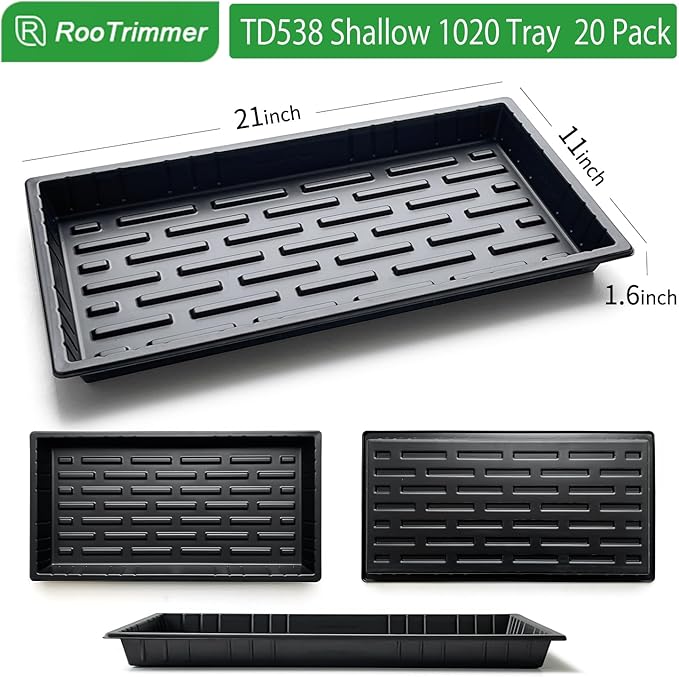 RooTrimmer 20 Pack Shallow 1020 Trays No Holes, Heavy Duty Reusable Seed Starter Flat Seedling Tray for 72/128 Cell Plug Tray, Transplant, Microgreen & Seed Germination (21"×11", 1.6" Deep, TD538)