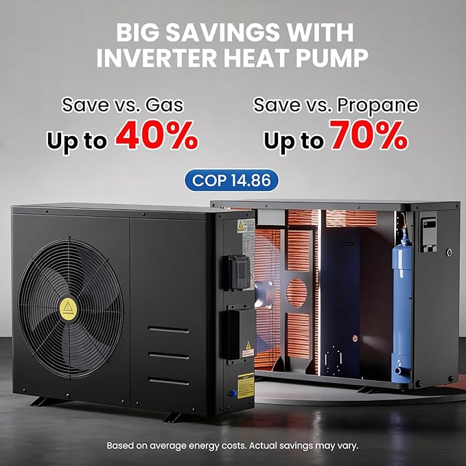 DoCred 58,000 BTU Inverter Swimming Pool Heat Pump, Pool Heater for Above Ground and Inground Pool up to 16,000 Gallons, Smart WiFi Control, COP 14.86, Timer, 220-240 V