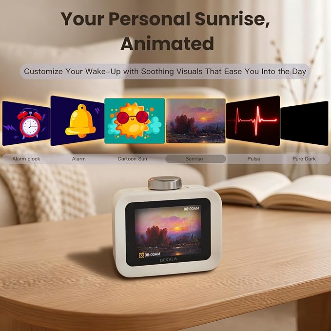 Dekala AuraDot Cute Aalarm Clock Temperature Humidity Monitor, White Noise Sound Machine for Sleep 30 Non-Loop Soothing Sounds, Animationed Sleep Screen, 7-Day Programmable 4 Alarm Clock