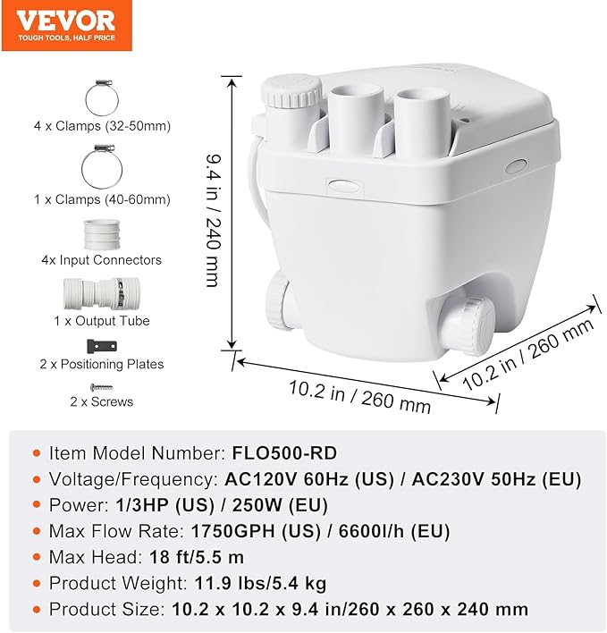 VEVOR 1/3 HP 120-Volt 1750 GPH Flow 18 ft Head Under-Sink Sump Pump System with Copper Wire Motor, Heavy-Duty Utility/Laundry Drain Pump, White