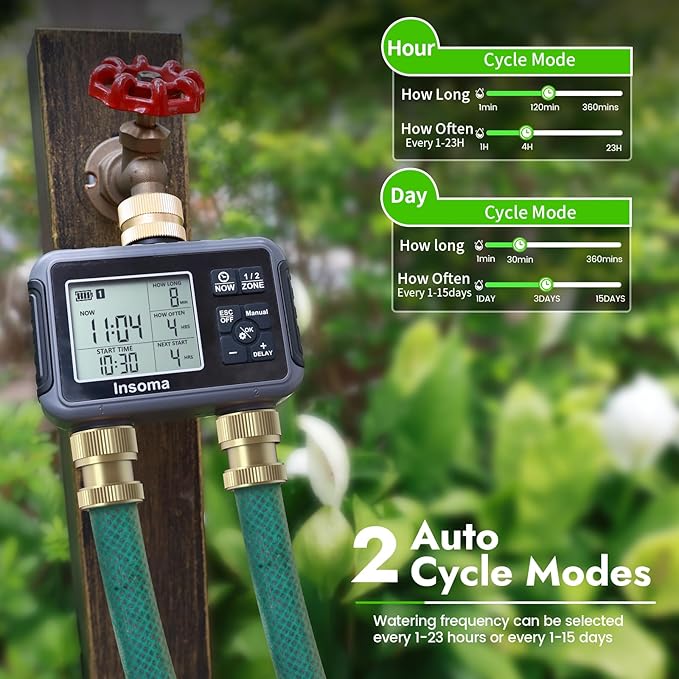 Insoma Water Timer with Brass Inlet & Outlet, 2 Independent Zones Outdoor Hose Timer for Garden Faucet with Auto/Manual/Rain Delay Mode, Sprinkler Irrigation Timers for Yard Lawn