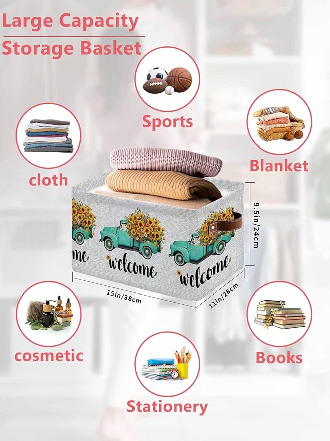 Country Sunflowers Storage Bins Cubes Waterproof Cloth Storage Basket, Welcome Rustic Truck Floral Farmhouse Foldable Storage Bags for Shelf Closet Clothes Organizers with Handles 15x11x9.5 in 1PCS