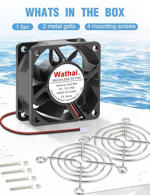 Wathai IP68 60mm x 25mm DC 12V Waterproof Cooling Fan 12 Volt Dual Ball High Speed DIY for Amplifier, RV Refrigerator, PSU, Electronic Components Equipment Ventilation