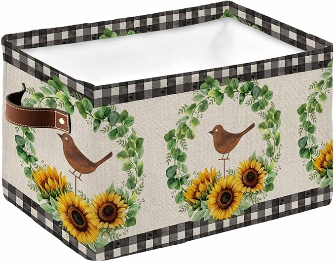 Spring Eucalyptus Sunflower Storage Bins Cubes Waterproof Cloth Storage Basket,Farmhouse Birds Rustic Burlap Foldable Storage Bags for Shelf Clothes Storages Organizers with Handles 15x11x9.5 in 1PCS