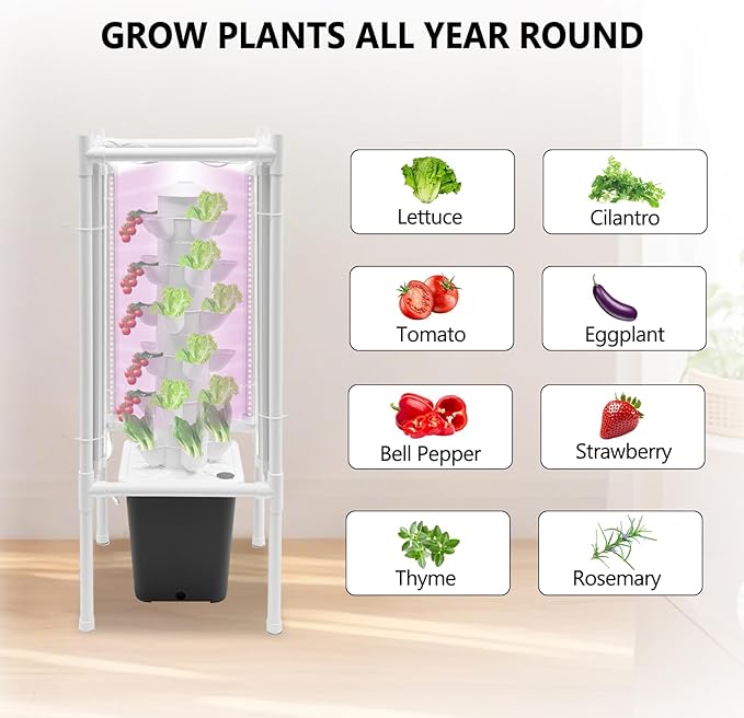 30-Plant Hydroponics Tower Garden Vertical Growing System Kit, Indoor Garden Planter Herb Garden with LED Grow Light and Water Pump, Vertical Planter Germination Kit for Herbs, Fruits and Vegetables