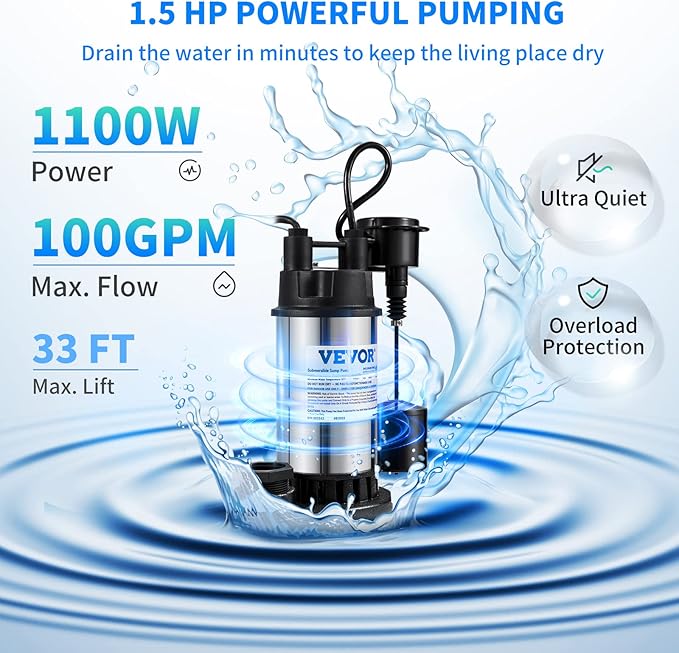 VEVOR 1.5 HP Submersible Cast Iron and Steel Sump Pump, 6000 GPH Submersible Water Pump with Integrated Vertical Float Switch, for Basement Water Basin and Flooding Area