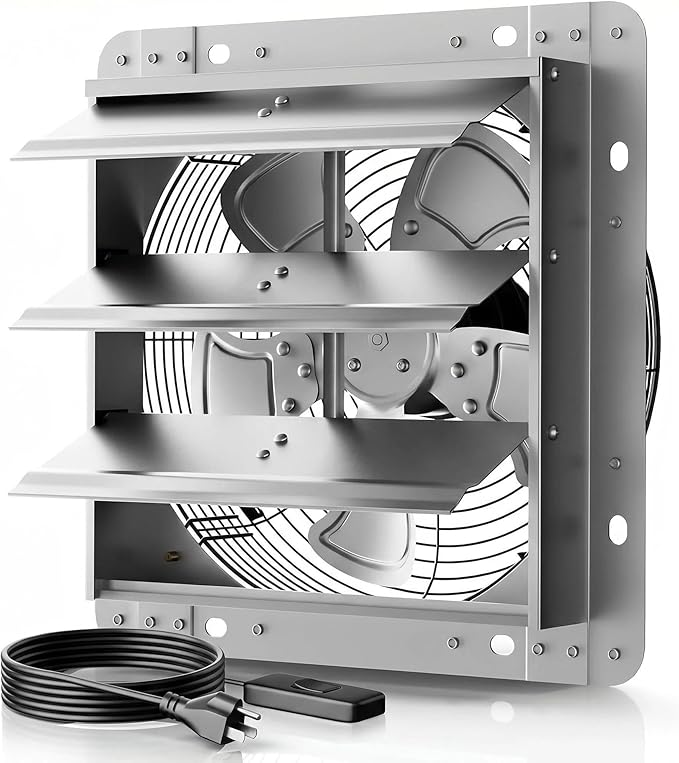 12 Inch Shutter Exhaust Fan, 5-Blade 3500 CFM Wall Vent Fan with Ball Bearing Motor, Automatic Shutter, Built-in Switch for Garage Workshop Greenhouse Ventilation