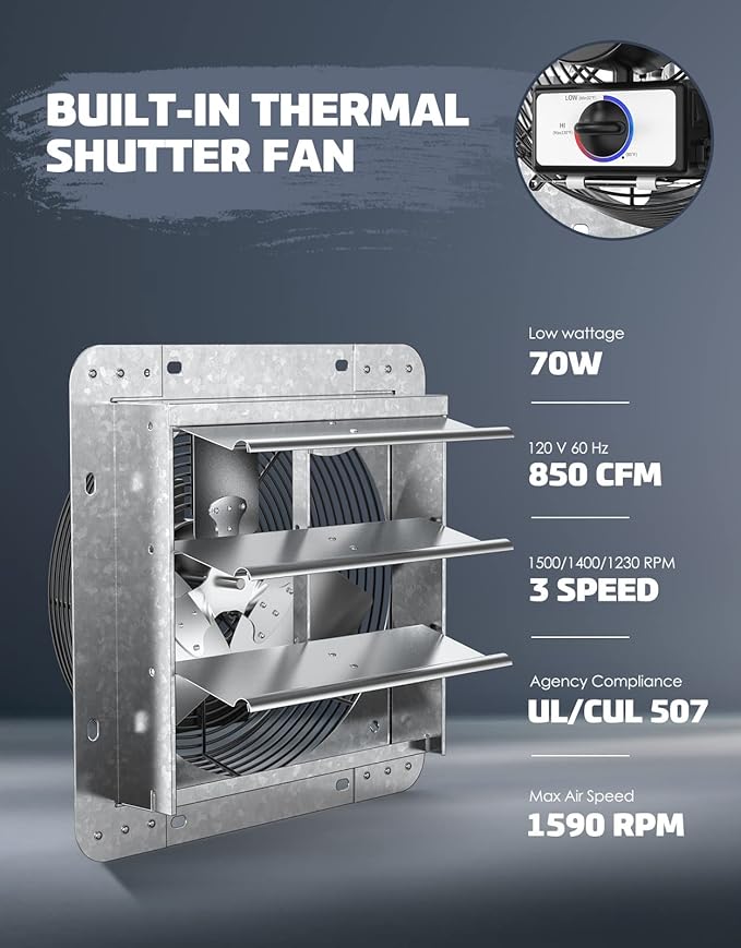 iLiving ILG8SF10V-T, 10 inch Shutter Exhaust Attic Garage Grow, Ventilation Fan with 3 Speed Thermostat 6 Foot Long 3 Plugs Cord, 10" - Variable, 600 CFM, 900 SQF Coverage Area, Silver