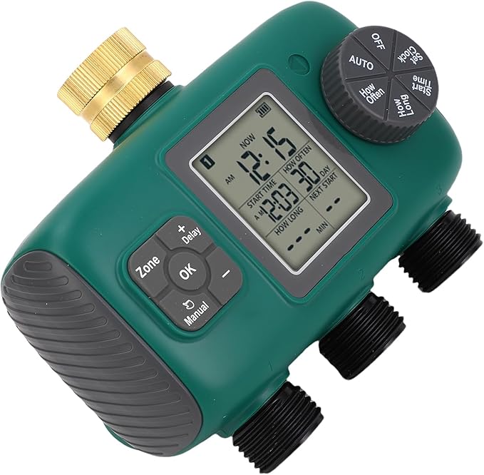 3 Outlet Sprinkler Timer with Brass Ports, Water Proof, NH4 / 3in Male Thread, LCD Display - Efficient Irrigation Controller, Adjustable Watering Schedules, Ideal for Outdoor Gar