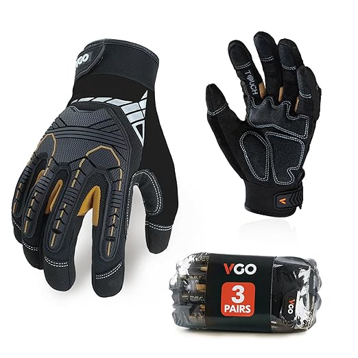 Vgo... 3-Pairs Heavy Duty Synthetic Leather Work Gloves, Impact Protection Mechanic Gloves, Rigger Gloves, Vibration Reduction, Touchscreen Capable (Size XXL, Black, SL8849)