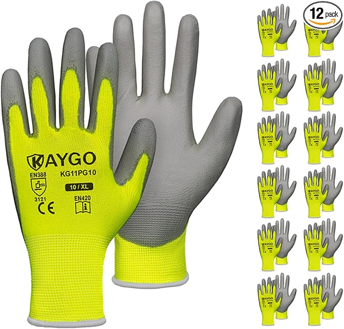KAYGO Work Gloves for Men and Women,12 Pairs Seamless Knit PU Coated Safety Gloves, with Smooth Grip on Palm and Fingers, Ideal for Light Warehouse, Manufacturing, Gardening, KG11P (XL,Green)