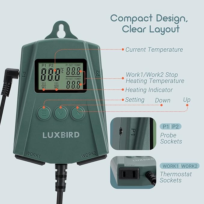 LUXBIRD LB-2SC Digital Heating Mat Thermostat Controller with 2 Probes and 2 Outlets for Seedlings, Germination, Reptiles, Brewing, Breeding, Incubation, Greenhouse (Max 250W per Outlet)