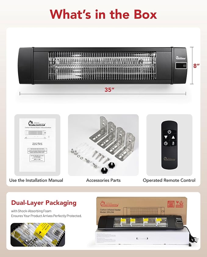 DR. INFRARED HEATER Portable Infrared Indoor and Outdoor Space Heater for Patio, Garage, Commercial & Residential With Remote Control, Without Thermostat, Black