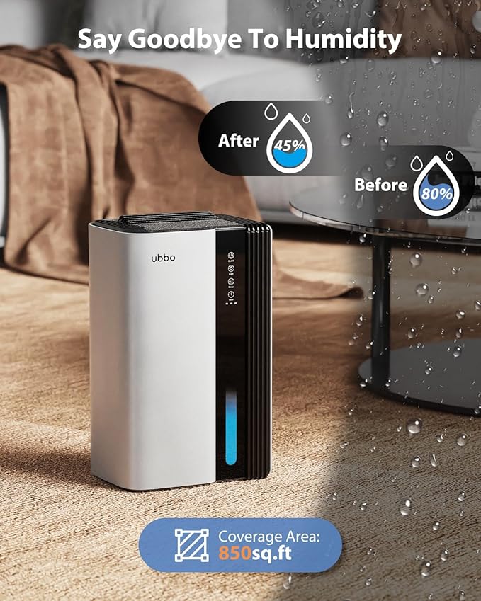 UBBO 95oz Dehumidifiers for Home, 1000 Sq.Ft Dehumidifier with Drain Hose - Auto Shut Off, Timer, Sleep Mode & Drain Hose - 7 Color Light for Bedroom, Bathroom, RV - White