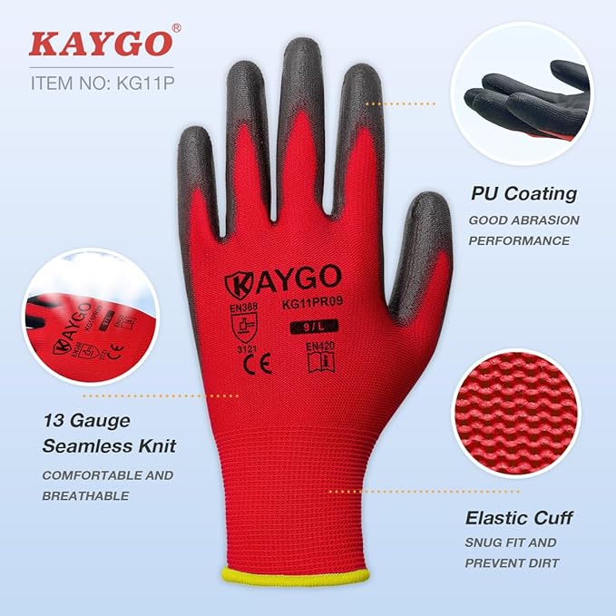 KAYGO Work Gloves for Men and Women,12 Pairs Seamless Knit PU Coated Safety Gloves, with Smooth Grip on Palm and Fingers, Ideal for Light Warehouse, Manufacturing, Gardening, KG11P (XS, Red)