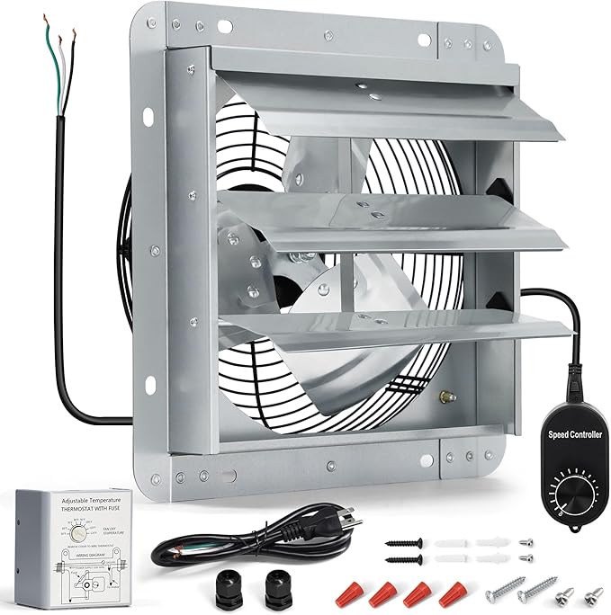 10 Inch Shutter Exhaust Fan, Wall Mount Attic Fan with Thermostat and Speed Controller for Greenhouses, Sheds, Garages, Chicken Coops, Barns Ventilation, 820 CFM