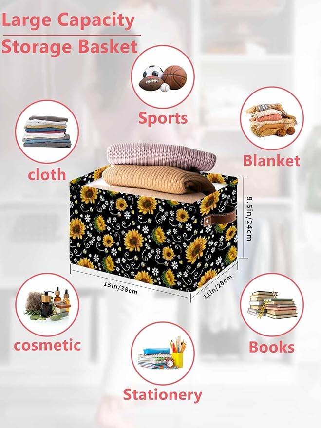Black Yellow Sunflower Storage Bins Cubes Waterproof Cloth Storage Basket,Summer Botanical Farmhouse Floral Foldable Storage Bags for Shelf Clothes Storages Organizers with Handles 15x11x9.5 in 2PCS