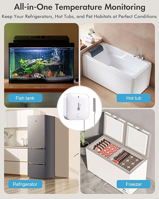 WiFi Refrigerator Thermometer with Alarm, Freezer Alarms Thermometer Sensor with App Alert, 90dB Loud Alarm for Fridge Kitchen Fish Tank Wine Cellar Hot Tub 2 Pack (2.4G WiFi Only)