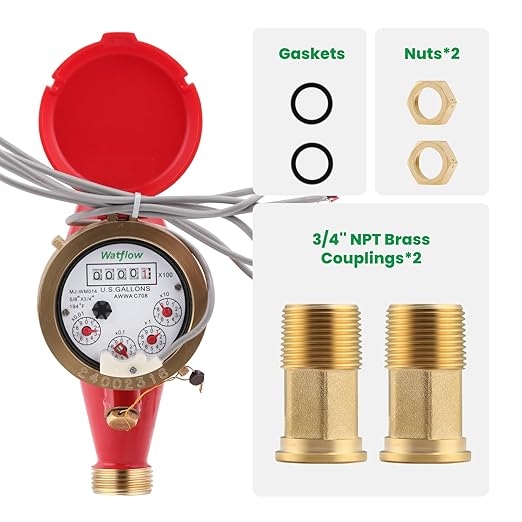 Watflow DN20 Water Meter 3/4" NPT,AWWA C708 Certification Gallon Water Flow Meter with Pulse Output, Cold and Hot Water Meter for Garden/Home/Apartment, Horizontal Install.