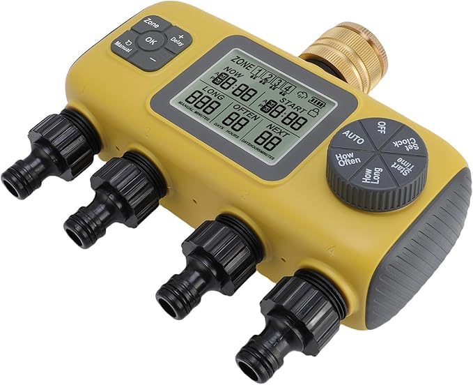 RiToEasysports Irrigation Timer, Intelligent Control, 4 Zone Watering Timer, Rain Delay, 3/4in Brass Inlet for Yard Lawn 40.1°F to 113°F