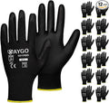 KAYGO Work Gloves for Men and Women,12 Pairs Seamless Knit PU Coated Safety Gloves, with Smooth Grip on Palm and Fingers, Ideal for Light Warehouse, Manufacturing, Gardening, KG11P (L, Black)