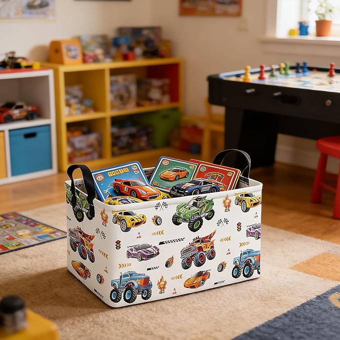 FANKANG Rectangular Monster Truck Basket Storage Bins,Nursery Hamper Canvas Laundry Basket Foldable with Waterproof PE Coating for Kids, Office, Bedroom, Clothes,Toys(Rec-Monster Truck