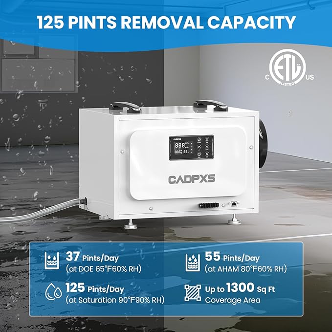 CADPXS Crawl Space Dehumidifier, 125 Pints Commercial Dehumidifiers with Drain Hose, Dehumidifier for Crawlspace, Basements & Water Damage Use, Auto Defrost, cETL Listed, 5 Years Limited Warranty