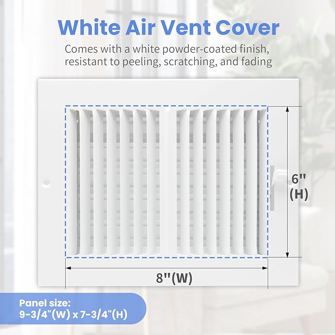 8 x 6 Inch [Duct Opening] Air Vent Covers for Wall or Ceiling - High Airflow 2 Way Steel Ventilation - Adjustable Wall/Ceiling Register, 9-3/4 Inch x 7-3/4 Inch [Overall Dimensions]
