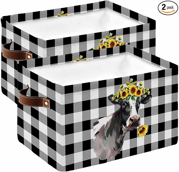 Sunflowers Cow Storage Bins Cubes Waterproof Cloth Storage Basket, Farm Animal Black Buffalo Plaid Foldable Storage Bags for Shelf Closet Clothes Storages Organizers with Handles 15x11x9.5 in 2PCS