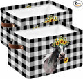 Sunflowers Cow Storage Bins Cubes Waterproof Cloth Storage Basket, Farm Animal Black Buffalo Plaid Foldable Storage Bags for Shelf Closet Clothes Storages Organizers with Handles 15x11x9.5 in 2PCS