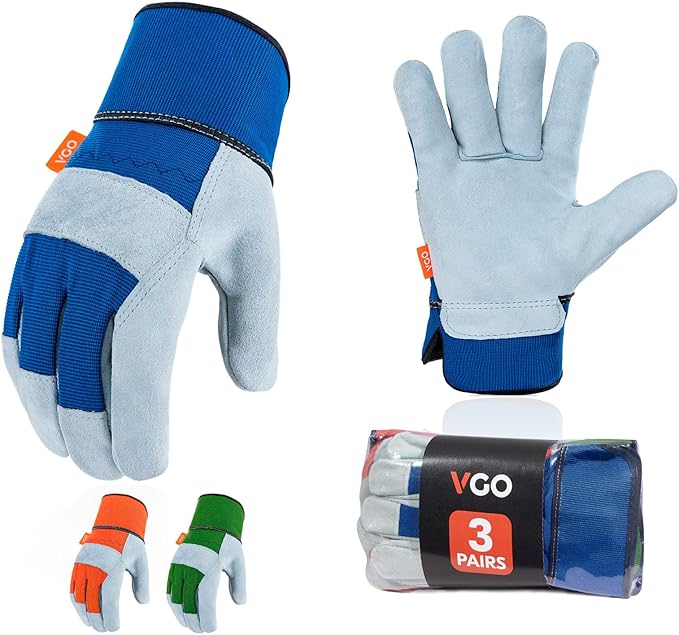 Vgo... Leather Palm Work Gloves for Men, Gardening Gloves, Builder Gloves (3 Pairs,Size M, 3colors, CB3501)