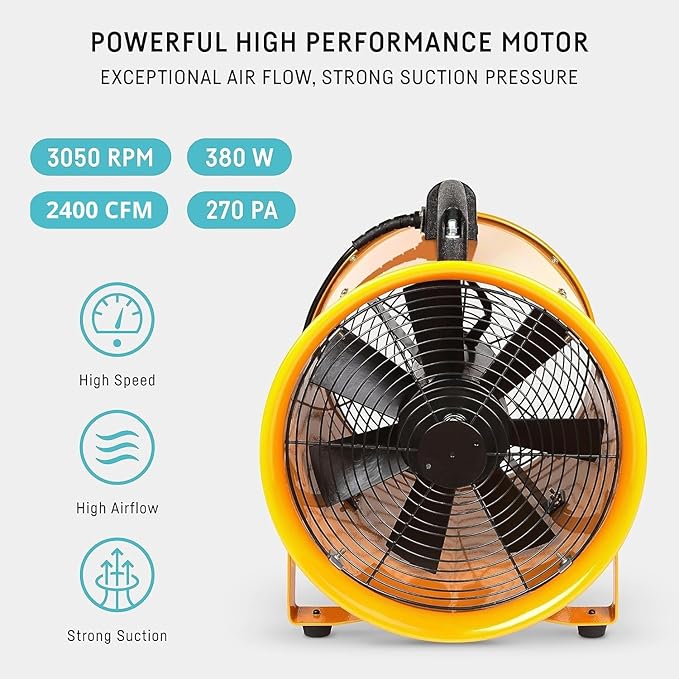 neverest® 12-Inch Industrial Blower Fan, High-Powered 2400 CFM Portable Blower/Exhaust Fan with 32ft Flexible Hose, 7ft Cable/Plug, Heavy-Duty Exhaust Fan for Construction, Workshops