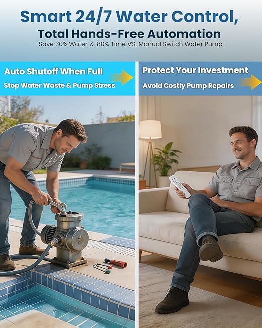 Smart Wireless Water Level Controller with LCD – Automatic Pump Control System | Solar-Powered Liquid Level Sensor with 22Ft Cable | Effortless 3000m Remote Control for Tank, Pool, Well & Irrigation