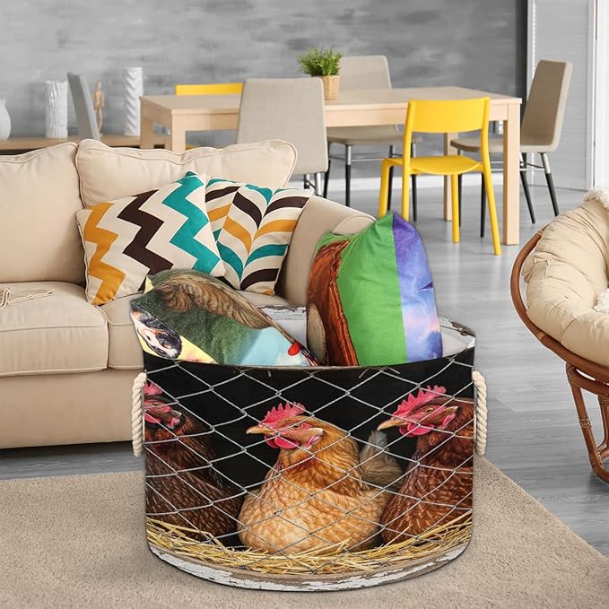 Large Storage Baskets - Rustic Farm Chicken Coop Nursery Round Collapsible Organizer Bin Box, Laundry Hamper for Kids Toys, Blanket, Bedroom Living Room Home Decor, Gift Basket, 19.4"x13.3"