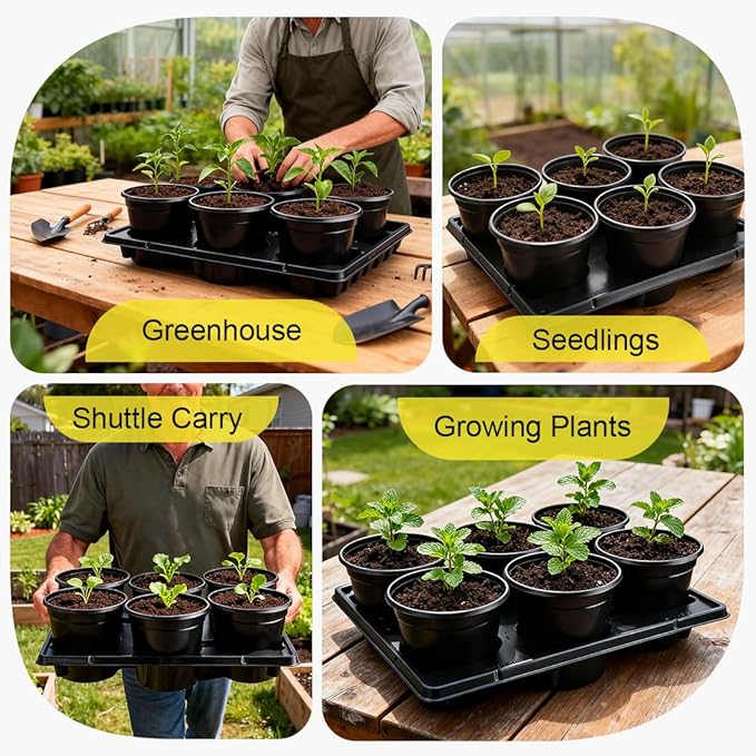 RooTrimmer 6 Inch Plastic Plant Pots 30 Pack and 6 Cell Nursery Pots Trays 5 Pack, Sturdy Seeds Starting Germination Shuttle Carrying Trays, Black Nursery Planting Propagation 5 Sets