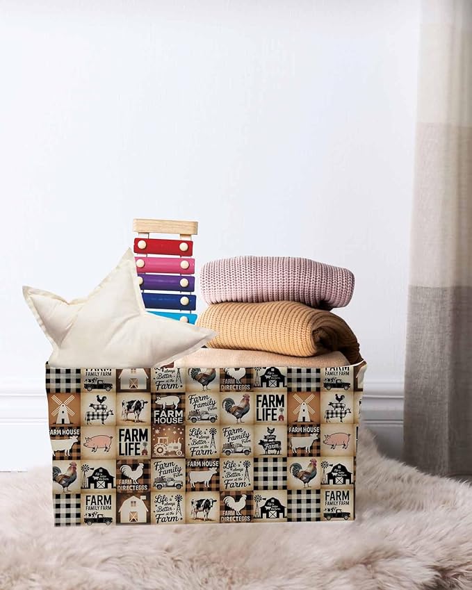 Farmhouse Checkered Storage Bins Cubes Waterproof Cloth Storage Basket, Rustic Retro Farm Life Assembling Foldable Storage Bags for Shelf Closet Clothes Organizers with Handles 15x11x9.5 in 2PCS