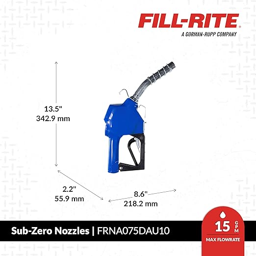Fill-Rite FRNA075DAU10 ¾” 3 - 15 GPM Sub-Zero Automatic Fuel Transfer Nozzle | Cold Weather Applications, Blue| For Gasoline, Diesel, Biodiesel up to B20, E15 & Kerosene