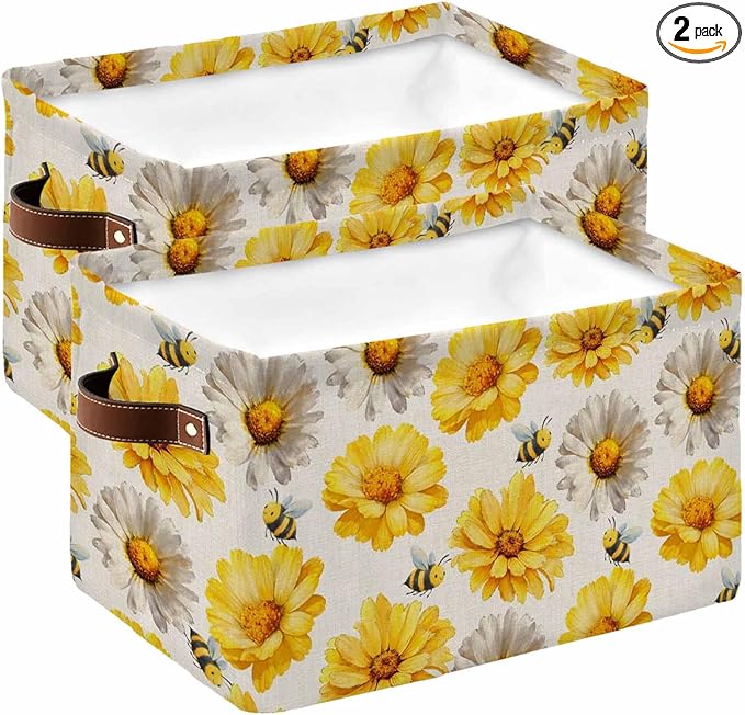 Golden Gray Chrysanthemum Storage Bins Cubes Waterproof Cloth Storage Basket,Farmhouse Bees Floral Rustic Foldable Storage Bags for Shelf Clothes Storages Organizers with Handles 15x11x9.5 in 2PCS
