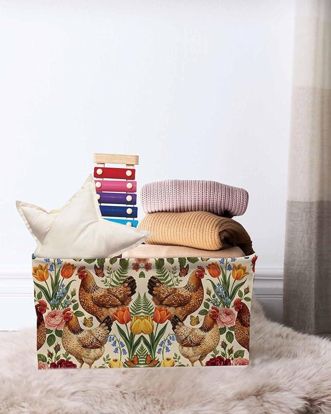 Rooster Floral Storage Bins Cubes Waterproof Cloth Storage Basket, Farmhouse Spring Flowers Butterflies Foldable Storage Bags for Shelf Closet Clothes Organizers with Handles 15x11x9.5 in 2PCS