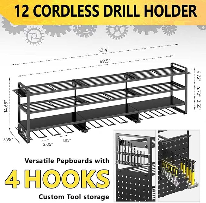 Frizoky 52'' Heavy Duty Power Tool Organizer Rack | 660lbs Capacity 4-Tier Wall Mount Garage Storage Shelf | Adjustable Pegboard Tool Storage for Workshop, Garage, and DIY Enthusiasts