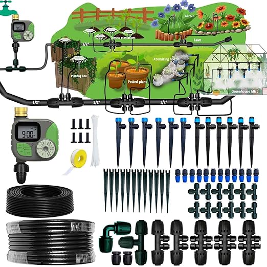 Drip Irrigation System with Water Timer for Garden,Main ID 1/2inch 16.5Ft and 1/4inch 96Ft Water Hose, Watering System Sufficient Water Pressure, Irrigation Dripper Waterflow Evenly Easy DIY