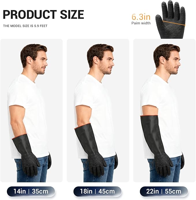 ThxToms Heavy Duty Rubber Gloves, Industrial Chemical Resistant Gloves Waterproof Reusable Protective Work Gloves for Cleaning, Dishwashing,Upgraded with Non-Slip Design, Black, 18" 1 Pair