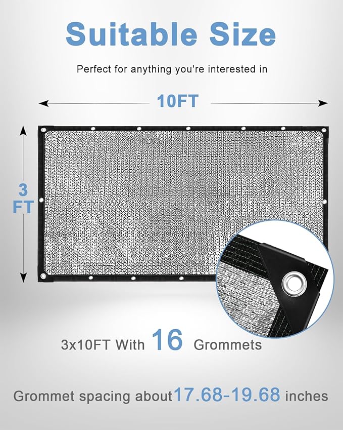 vensovo 95% Aluminum Shade Cloth - Reflective Aluminium Shade Netting Sun Shade Cover with Grommets for Cars, Dogs, Outdoor, RV, Patio (3x10FT)