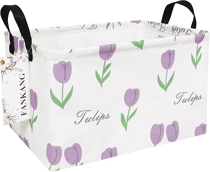 FANKANG Storage Bins, Nursery Hamper Canvas Laundry Basket Foldable with Waterproof PE Coating Large Storage Baskets for Kids Boys and Girls, Office, Bedroom, Clothes,Toys(Rec-tulips ）