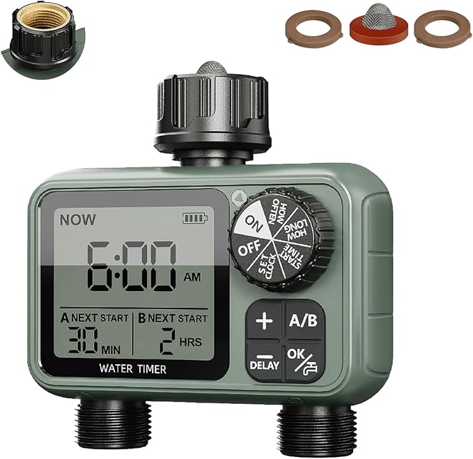 CMARS 2 Zone Sprinkler Timer for Garden Hose – Features Rain Delay, Manual & Automatic Modes, Brass Inlet, Dual Outlet Design, Programmable Watering & Drip Irrigation Ready for Lawn Yard