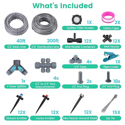 240FT Quick-Connect Drip Irrigation System, Garden Watering System 1/4" & 1/2" Fast-Lock Tubing, Adjustable Nozzles Emitters for Outdoor Raised Garden Beds,Greenhouse, Lawn, Patio