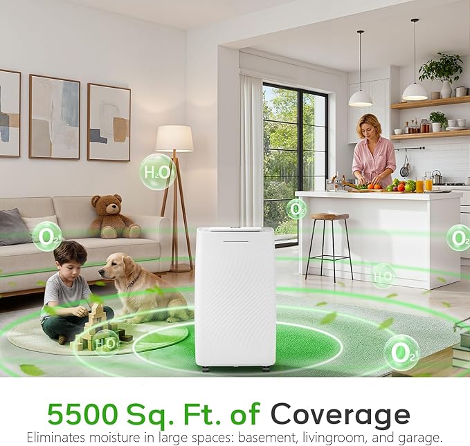 5500 Sq.Ft Dehumidifier for Basement with Drain Hose, Max 80 Pints/D (Standard 50Pint/D), Most Efficient Energy Saving 2026 Dehumidifier Features Air Purifier Combo, Ideal for Large Room, Home, Garage