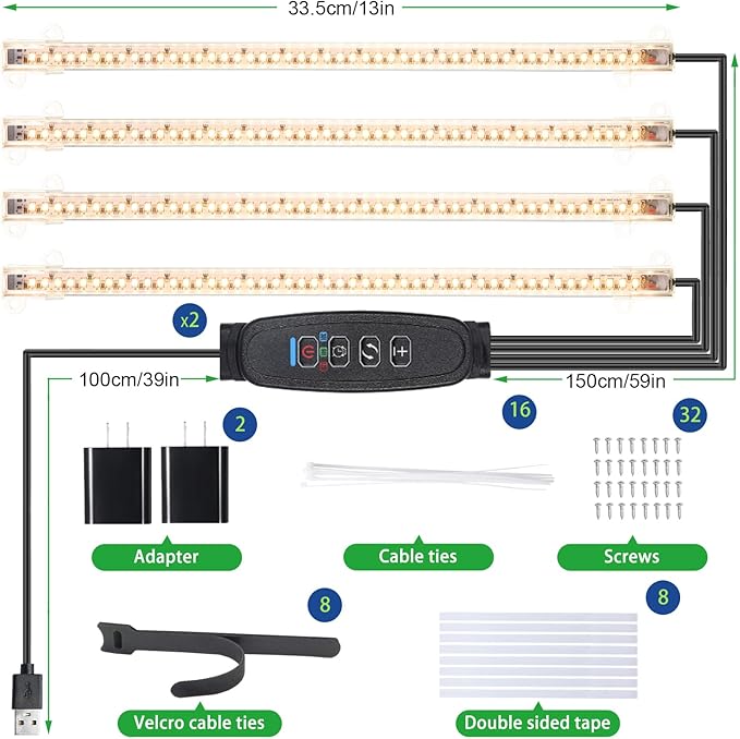 13 Inches Plant Growing Lamp Strips, Full Spectrum LED 3500K Grow Light for Indoor Plants with 3/9/12H Timer and 10 Dimmable Levels for Green House Hydroponics Succulent and Shelf, 4 Head 2 Pack